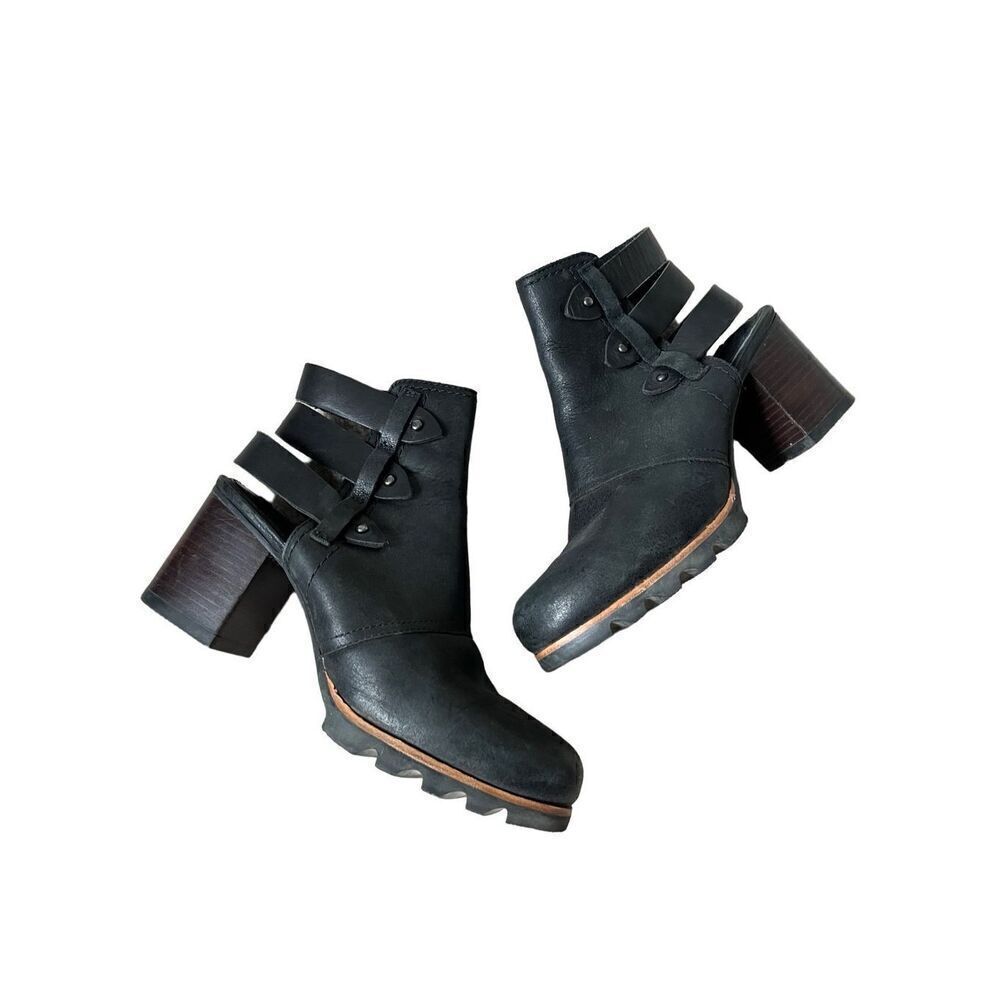 Sorel Addington Leather Strappy Back Block Heel Booties Women's Size 8 Black